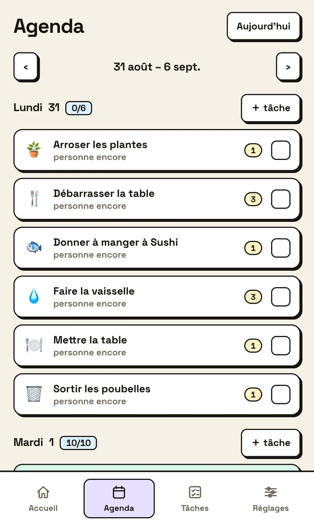 Capture d'écran de Kifaikoi : liste des tâches ménagères du jour