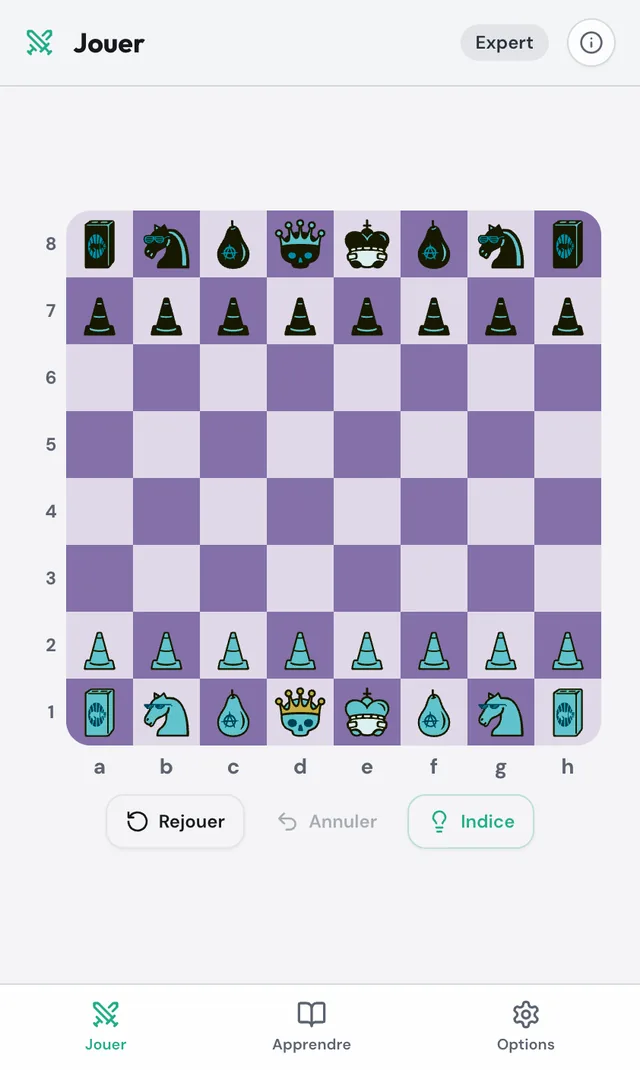 Capture d'écran de Petit Gambit : échiquier en position de départ